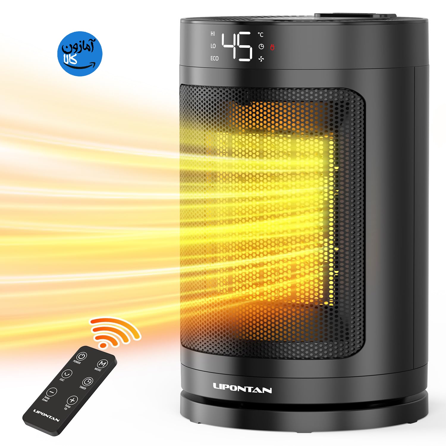 بخاری برقی فن دار سرامیکی PTC با توان 1500 وات، ترموستات و کنترل از راه دور، تایمر 12 ساعته، چرخش 90 درجه