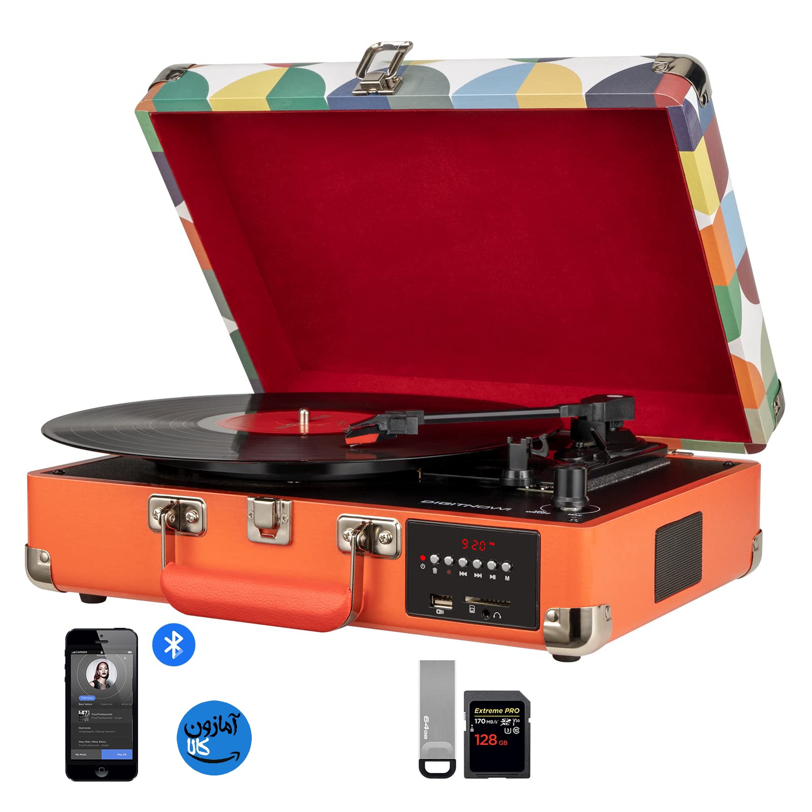 گرامافون بلوتوثی چمدانی بلندگوهای استریوی داخلی، تبدیل وینیل به کارت حافظه/USB و رادیو AM/FM